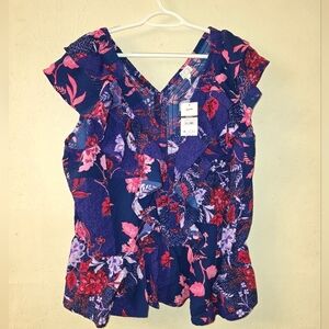 Sofia by Sofia Vergara Floral Ruffle Blouse - Blue and Pink